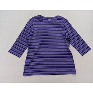 Studio Works Women's T-shirt Top Size L Purple Black Striped 3/4 Sleeve